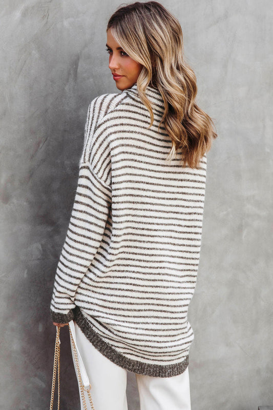 Khaki Striped Turtleneck Loose Sweater