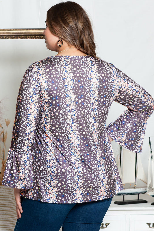 Purple Floral Print Round Neck Plus Size Babydoll Blouse (Available up to 4X)