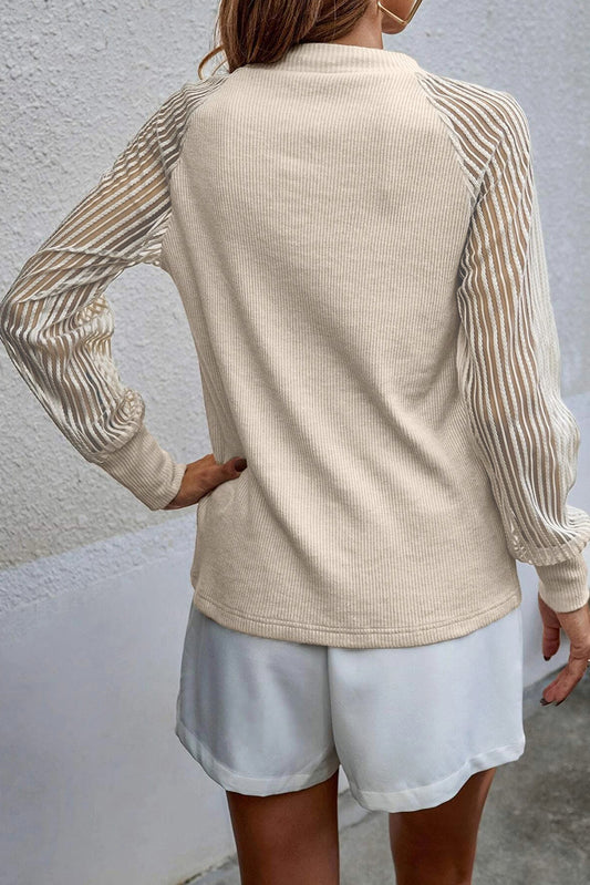 Apricot Striped Mesh Long Sleeve Crewneck Ribbed Top