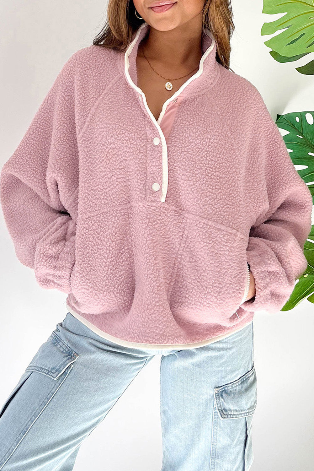 Pink Stand Neck Half Button Zip Pocket Plush Sweatshirt