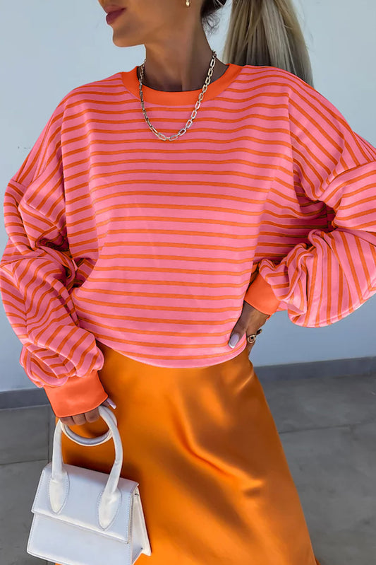 Russet Orange Stripe Drop Shoulder Crew Neck Loose Sweatshirt