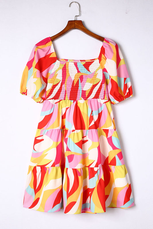 Multicolor Geometric Print Smocked Babydoll Mini Dress