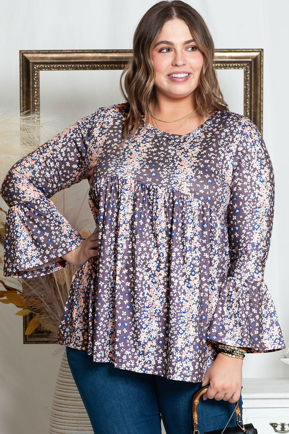 Purple Floral Print Round Neck Plus Size Babydoll Blouse (Available up to 4X)