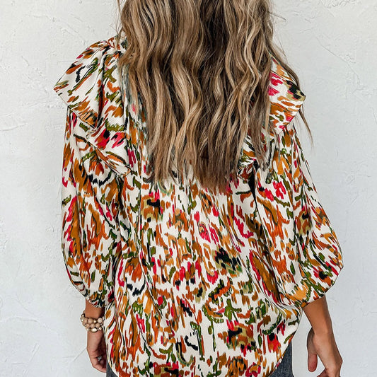 Multicolour Abstract Print 3/4 Puff Sleeve Ruffle Blouse