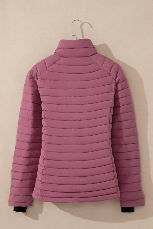 Pink Solid Color Quilted Zip-up Puffer Jacket