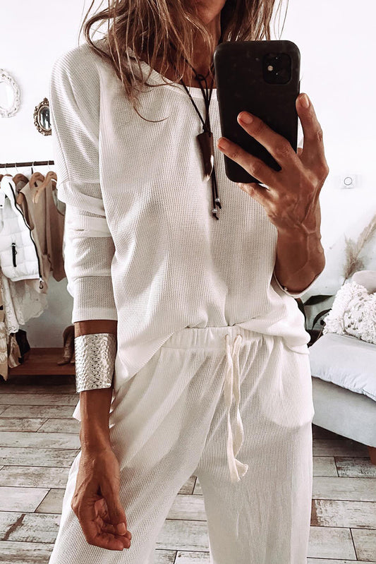 White Textured Long Sleeve T Shirt and Pants Lounge Set