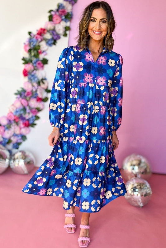 Blue Floral Peasant Sleeve Tiered Ruffle Midi Dress