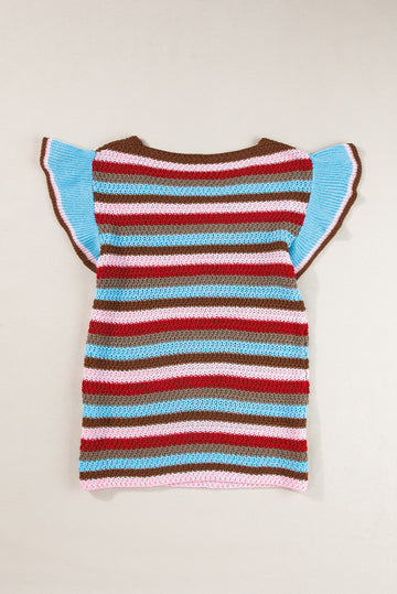 Multicolour Striped Ruffled Sleeve V Neck Sweater