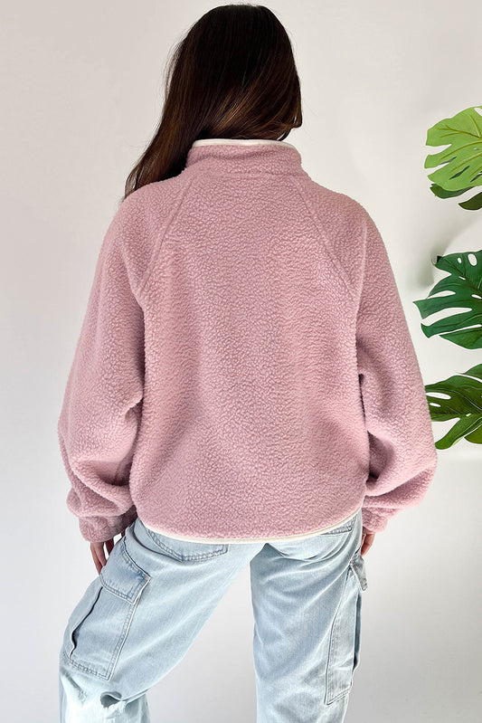 Pink Stand Neck Half Button Zip Pocket Plush Sweatshirt