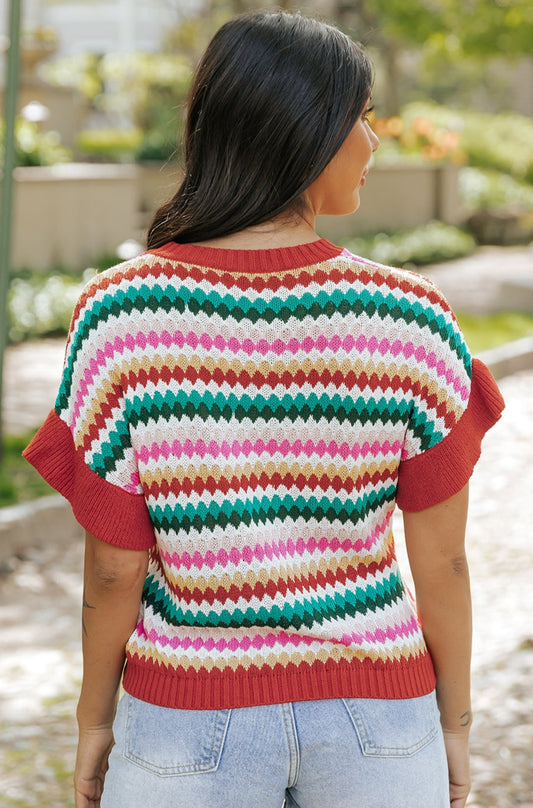 Fiery Red Trimmed Ruffle Sleeve Colorful Textured Sweater